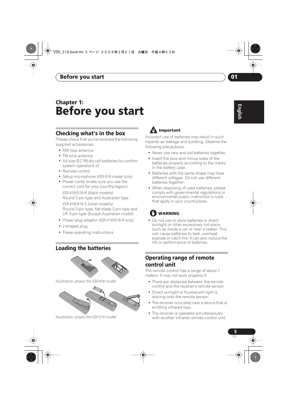 01 before you start, Checking what’s in the box, Loading the batteries | Operating range of remote control unit, Before you start, Before you start 01, Chapter 1 | Pioneer VSX-416-S/-K User Manual | Page 5 / 55