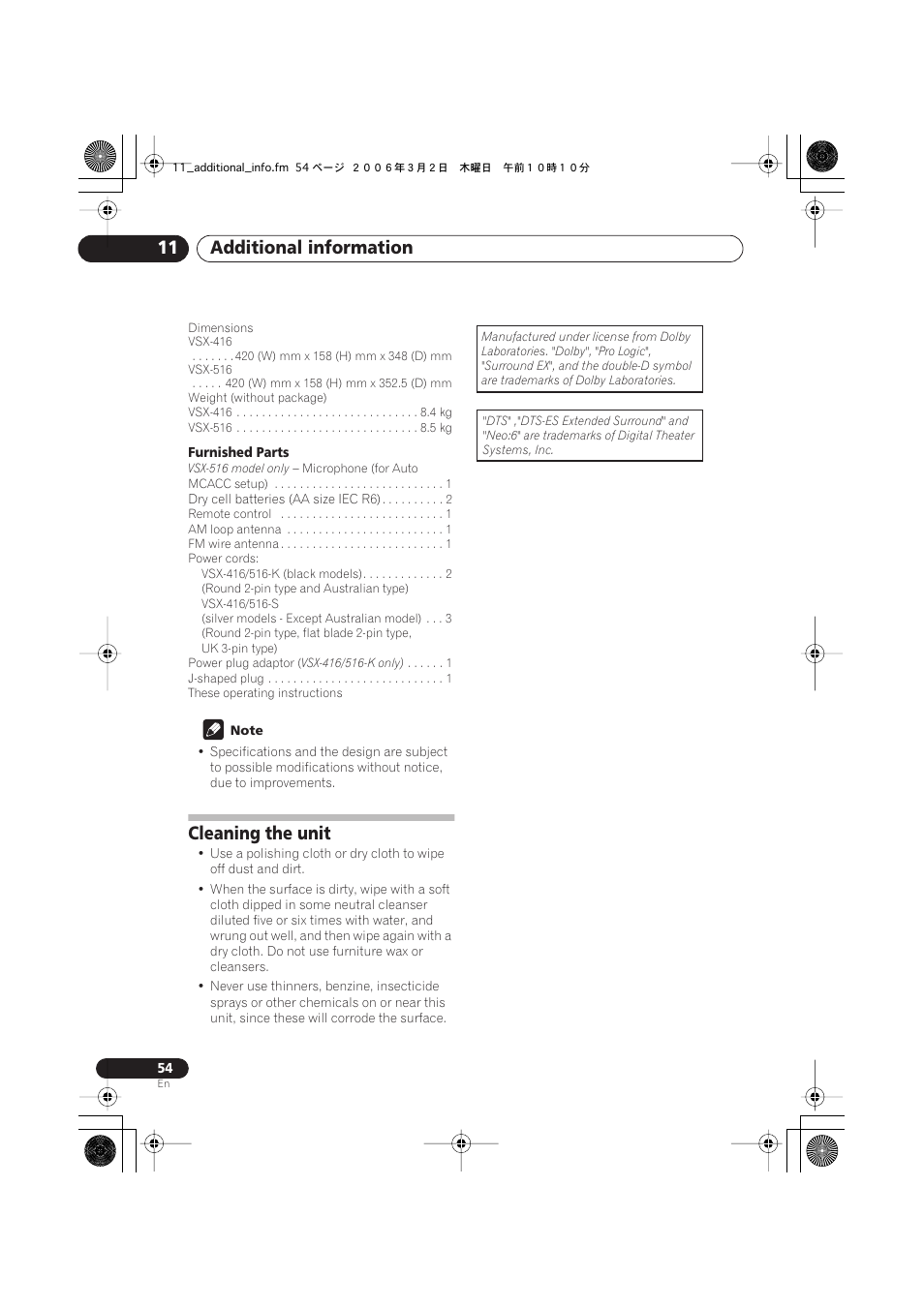 Cleaning the unit, Additional information 11 | Pioneer VSX-416-S/-K User Manual | Page 54 / 55