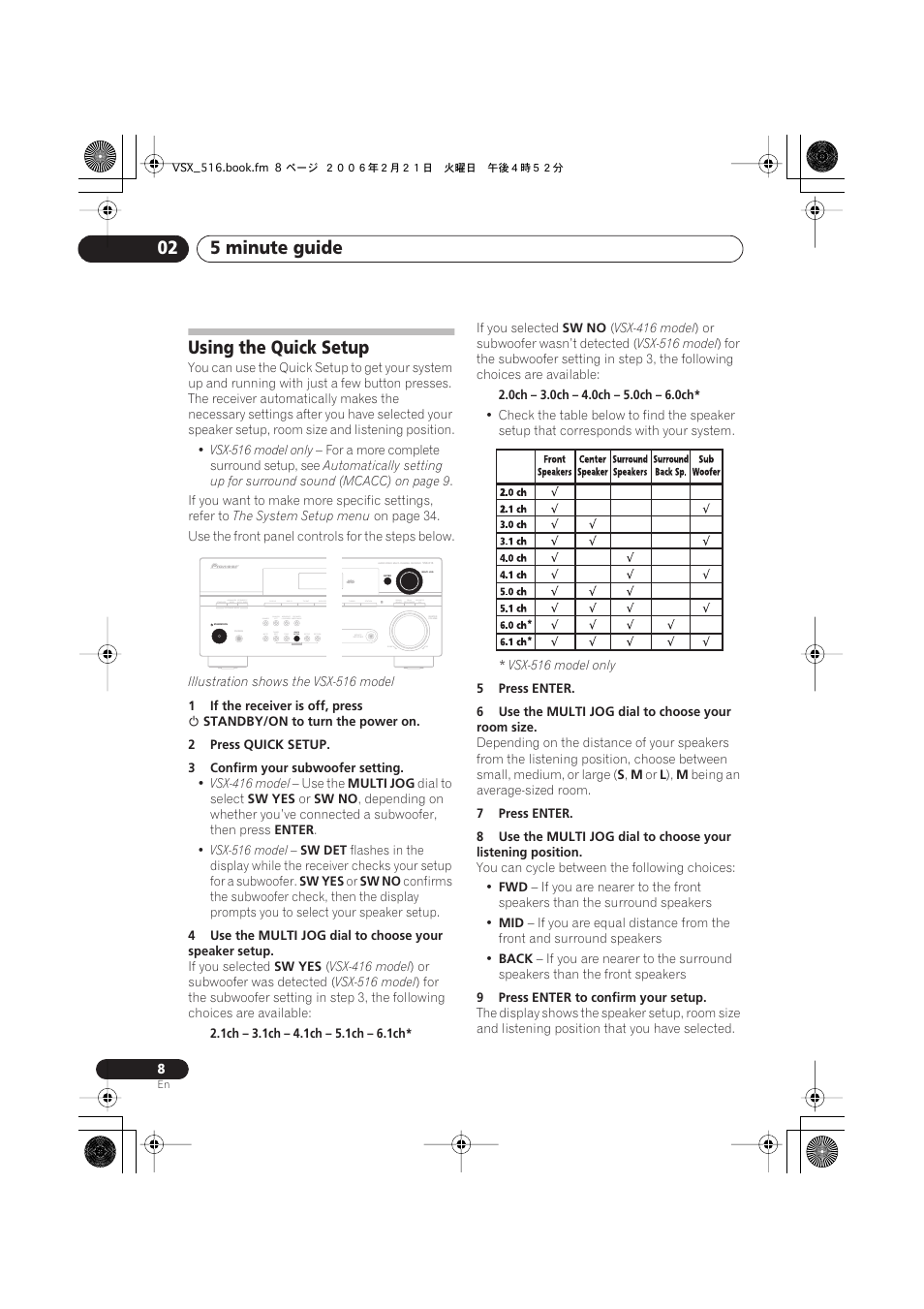 Using the quick setup, 5 minute guide 02 | Pioneer VSX-416-S/-K User Manual | Page 8 / 55