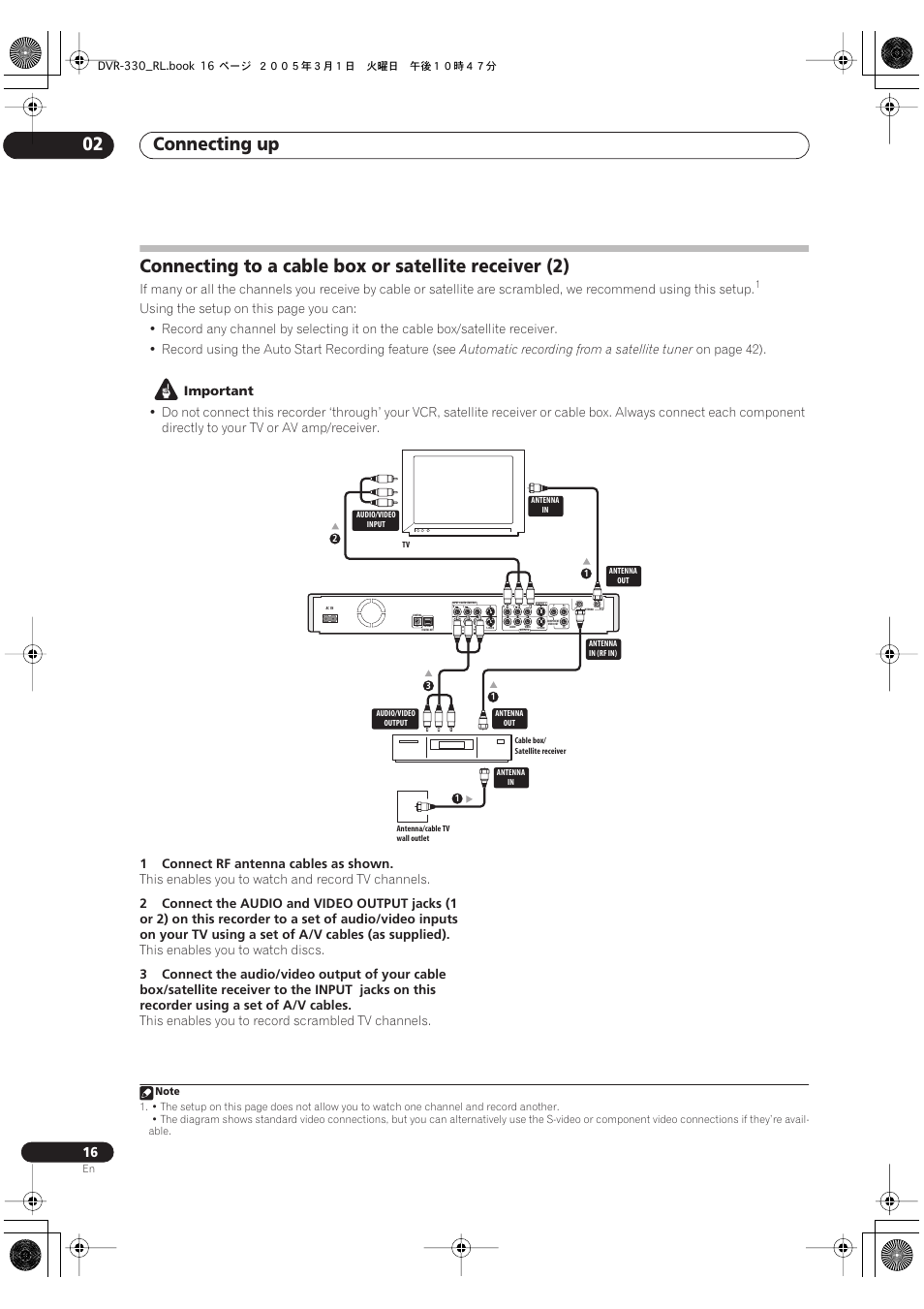 Connecting up 02, Automatic recording from a satellite tuner, On page 42) | Important, 1connect rf antenna cables as shown, This enables you to watch and record tv channels, This enables you to watch discs, This enables you to record scrambled tv channels | Pioneer DVR-330-S User Manual | Page 16 / 92
