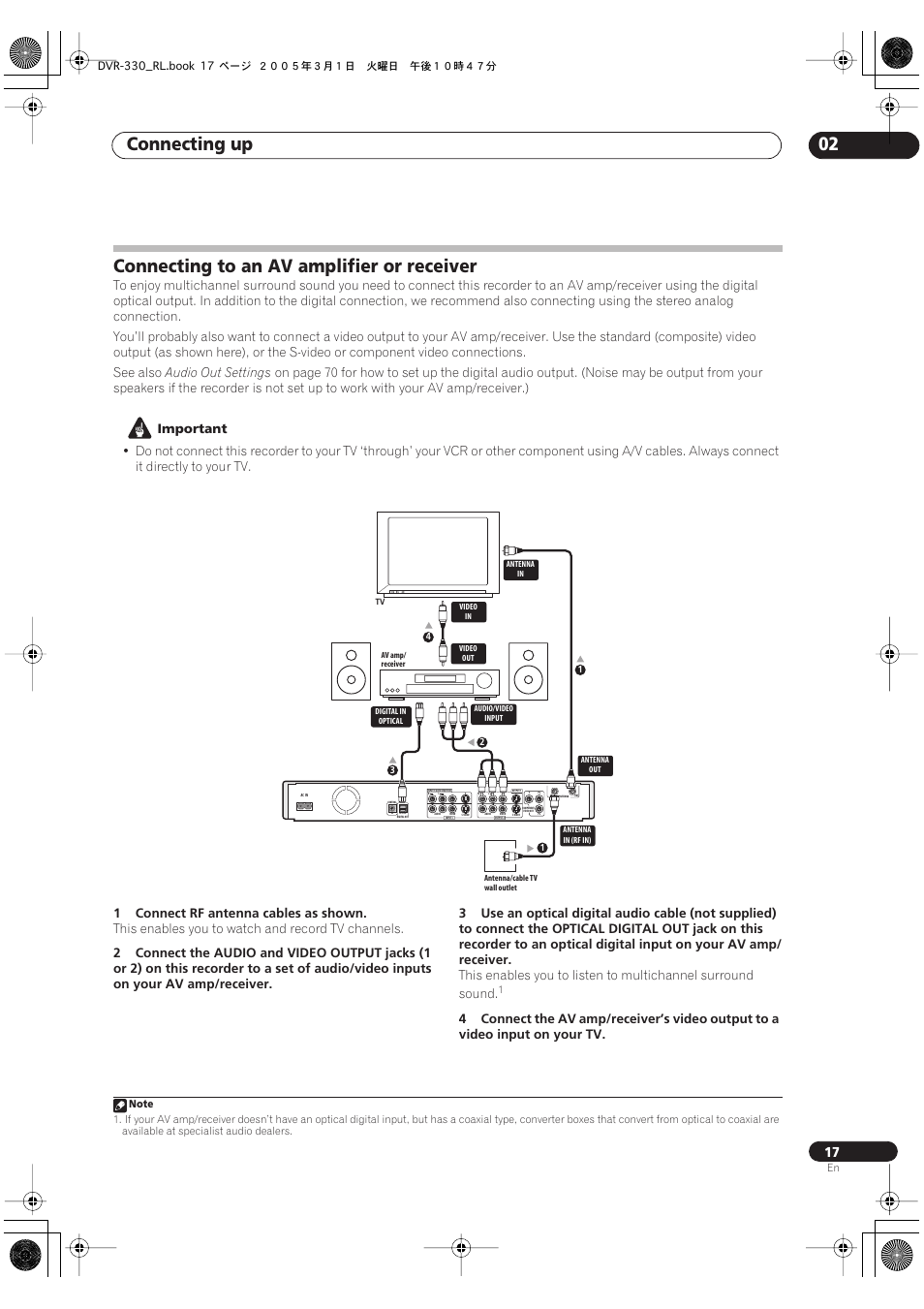 Connecting to an av amplifier or receiver, Connecting up 02, Audio out settings | Important, 1connect rf antenna cables as shown, This enables you to watch and record tv channels | Pioneer DVR-330-S User Manual | Page 17 / 92