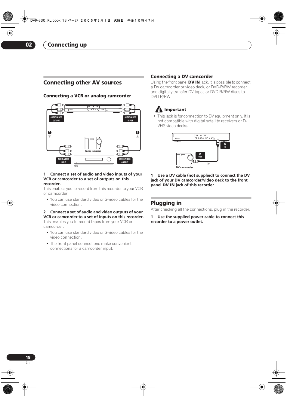 Connecting other av sources, Plugging in, Connecting up 02 | Pioneer DVR-330-S User Manual | Page 18 / 92