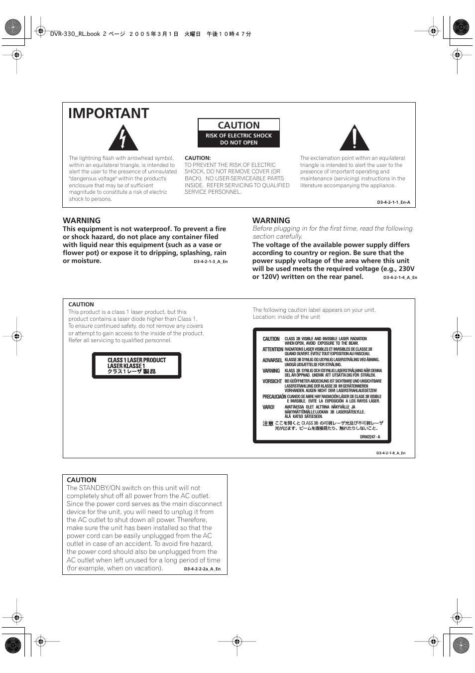 Important, Caution, Warning | Pioneer DVR-330-S User Manual | Page 2 / 92