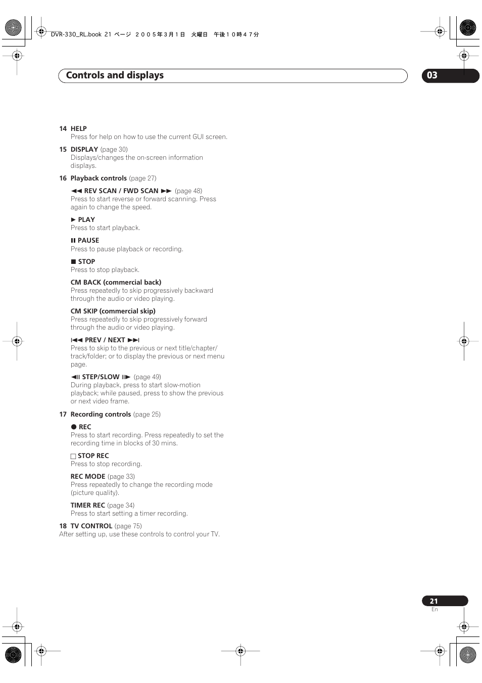 Controls and displays 03 | Pioneer DVR-330-S User Manual | Page 21 / 92