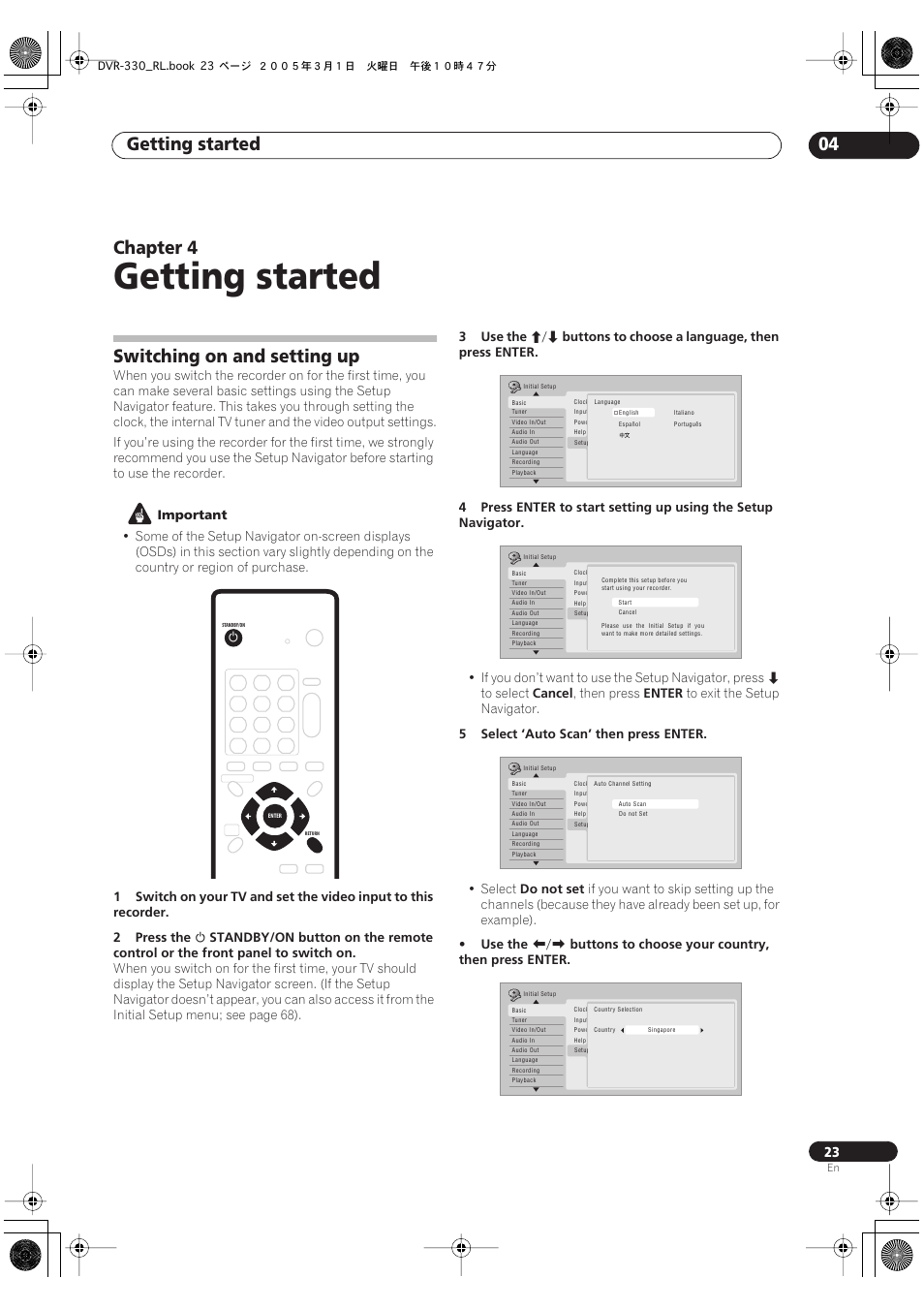 04 getting started, Switching on and setting up, Getting started | Getting started 04, Chapter 4 | Pioneer DVR-330-S User Manual | Page 23 / 92