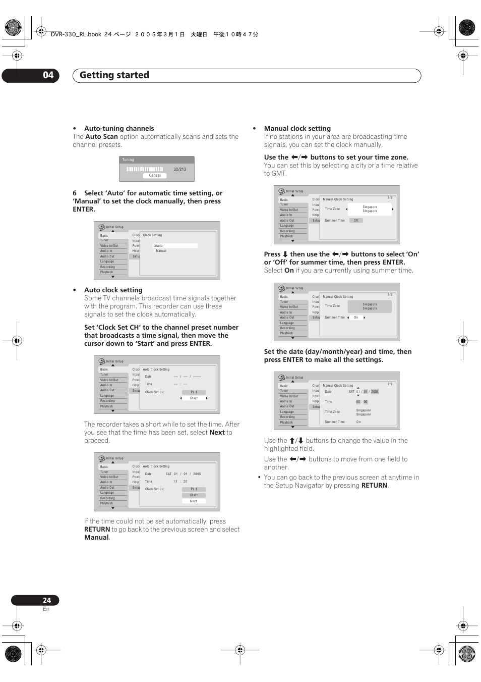 Getting started 04, Auto-tuning channels, Auto scan | Next, Return, Manual, Manual clock setting, Use the, Buttons to set your time zone, Press | Pioneer DVR-330-S User Manual | Page 24 / 92