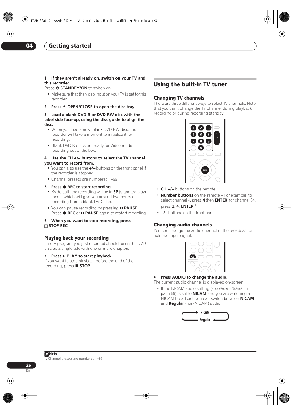 Using the built-in tv tuner, Getting started 04 | Pioneer DVR-330-S User Manual | Page 26 / 92