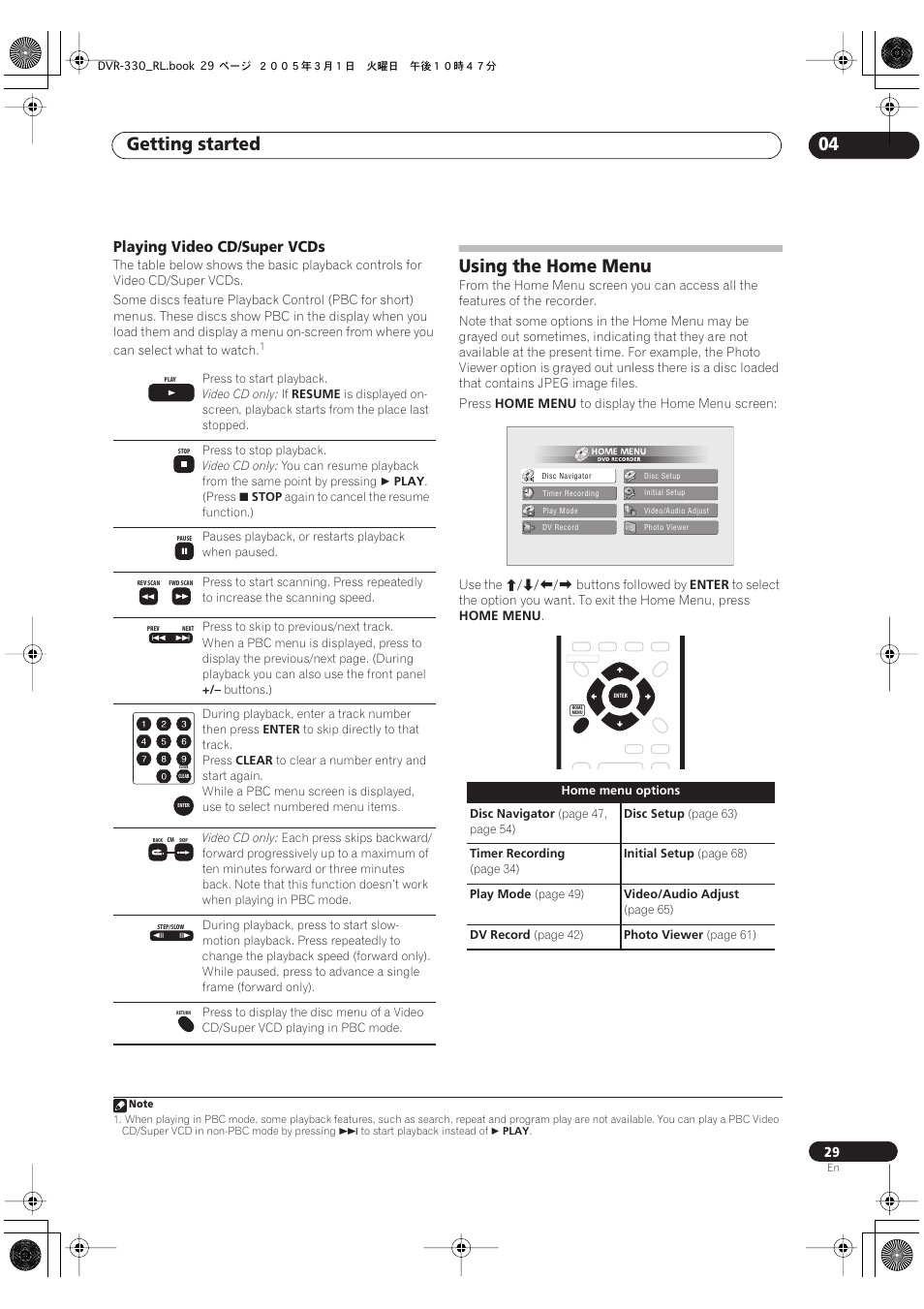 Using the home menu, Getting started 04, Playing video cd/super vcds | Pioneer DVR-330-S User Manual | Page 29 / 92