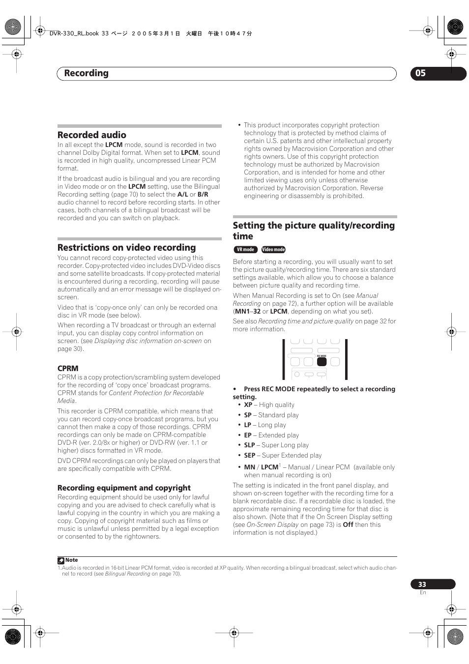 Recorded audio, Restrictions on video recording, Setting the picture quality/recording time | Recording 05 | Pioneer DVR-330-S User Manual | Page 33 / 92