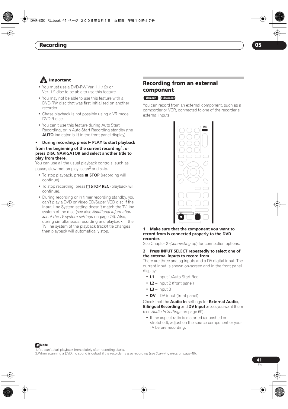 Recording from an external component, Recording 05 | Pioneer DVR-330-S User Manual | Page 41 / 92