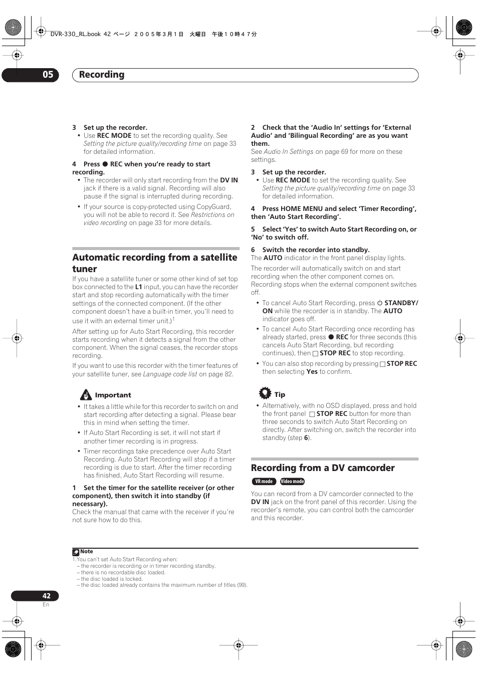 Automatic recording from a satellite tuner, Recording from a dv camcorder, Recording 05 | Pioneer DVR-330-S User Manual | Page 42 / 92