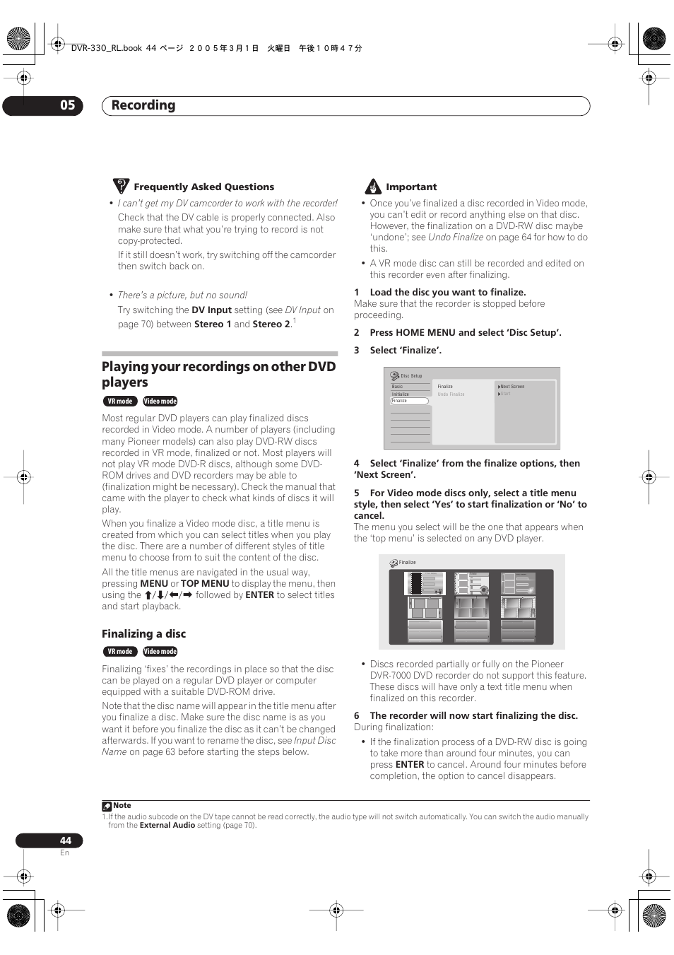Playing your recordings on other dvd players, Recording 05 | Pioneer DVR-330-S User Manual | Page 44 / 92