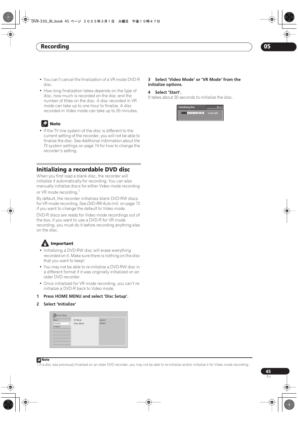 Initializing a recordable dvd disc, Recording 05 | Pioneer DVR-330-S User Manual | Page 45 / 92