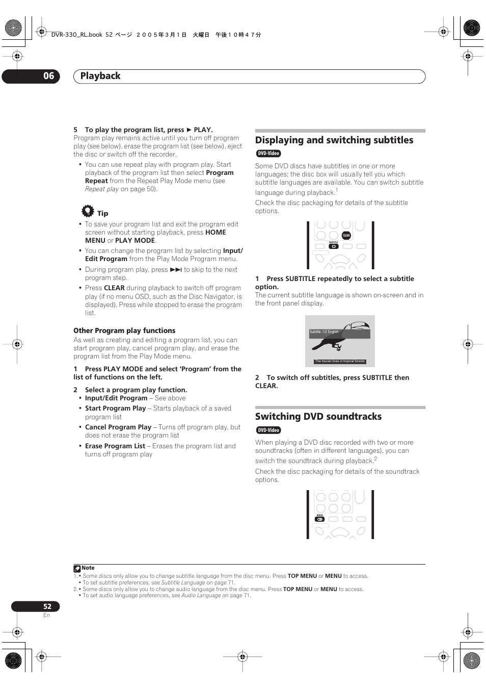 Displaying and switching subtitles, Switching dvd soundtracks, Playback 06 | Pioneer DVR-330-S User Manual | Page 52 / 92