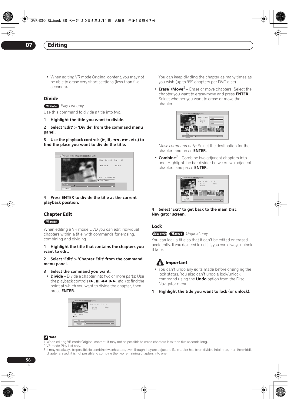 Editing 07, Divide, Chapter edit | Lock | Pioneer DVR-330-S User Manual | Page 58 / 92