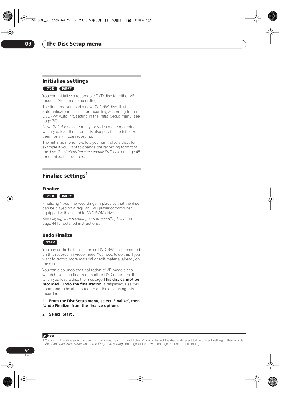 Initialize settings, Finalize settings, The disc setup menu 09 | Pioneer DVR-330-S User Manual | Page 64 / 92