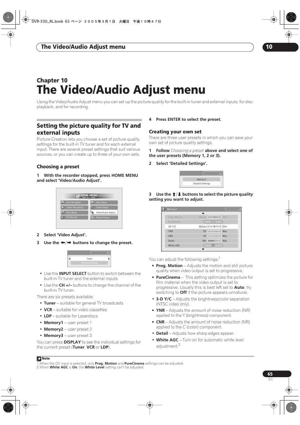 10 the video/audio adjust menu, The video/audio adjust menu, The video/audio adjust menu 10 | Chapter 10, Choosing a preset, Creating your own set | Pioneer DVR-330-S User Manual | Page 65 / 92