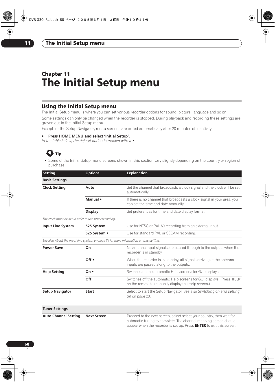 11 the initial setup menu, Using the initial setup menu, The initial setup menu | The initial setup menu 11, Chapter 11 | Pioneer DVR-330-S User Manual | Page 68 / 92