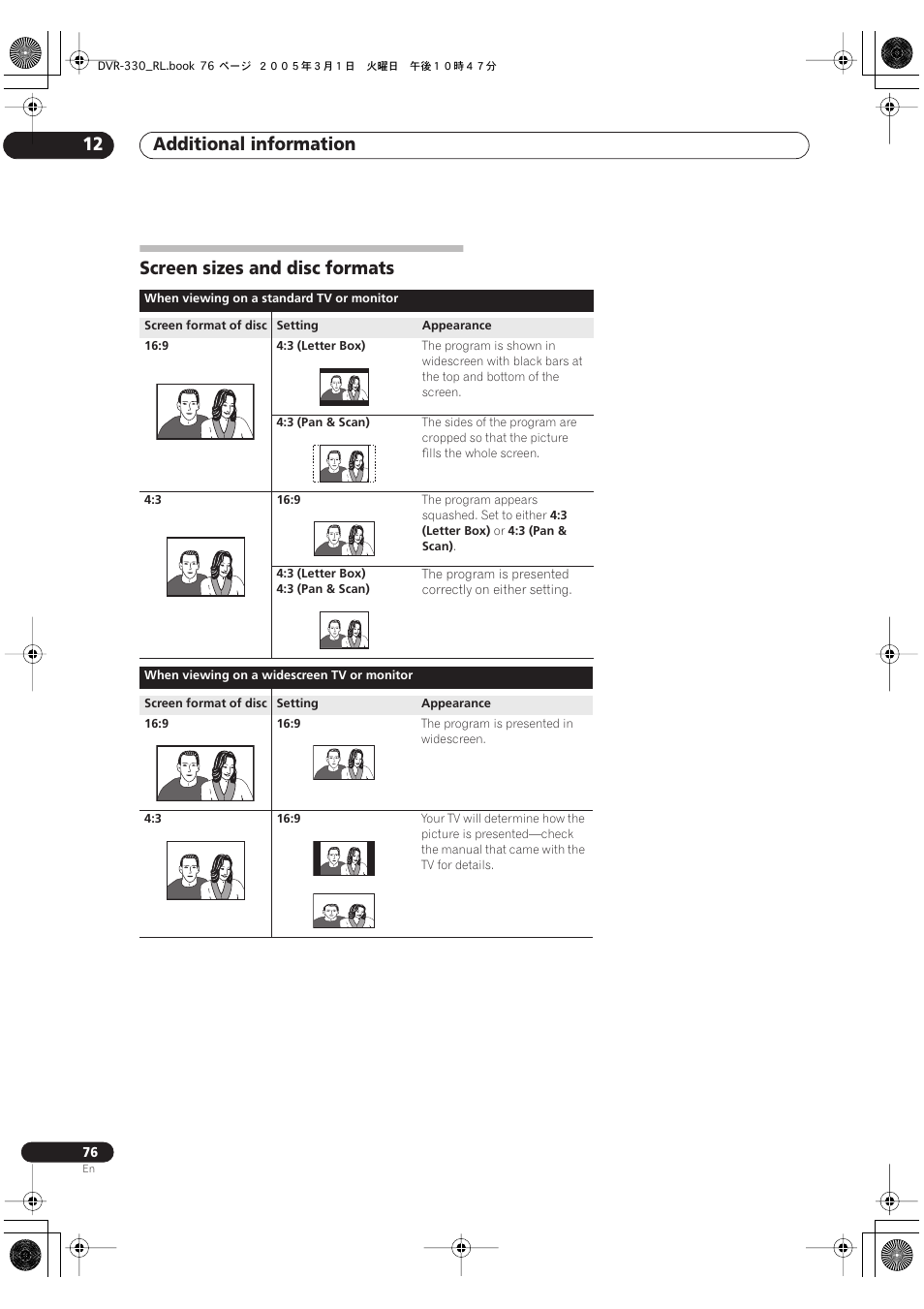 Screen sizes and disc formats, Additional information 12 | Pioneer DVR-330-S User Manual | Page 76 / 92