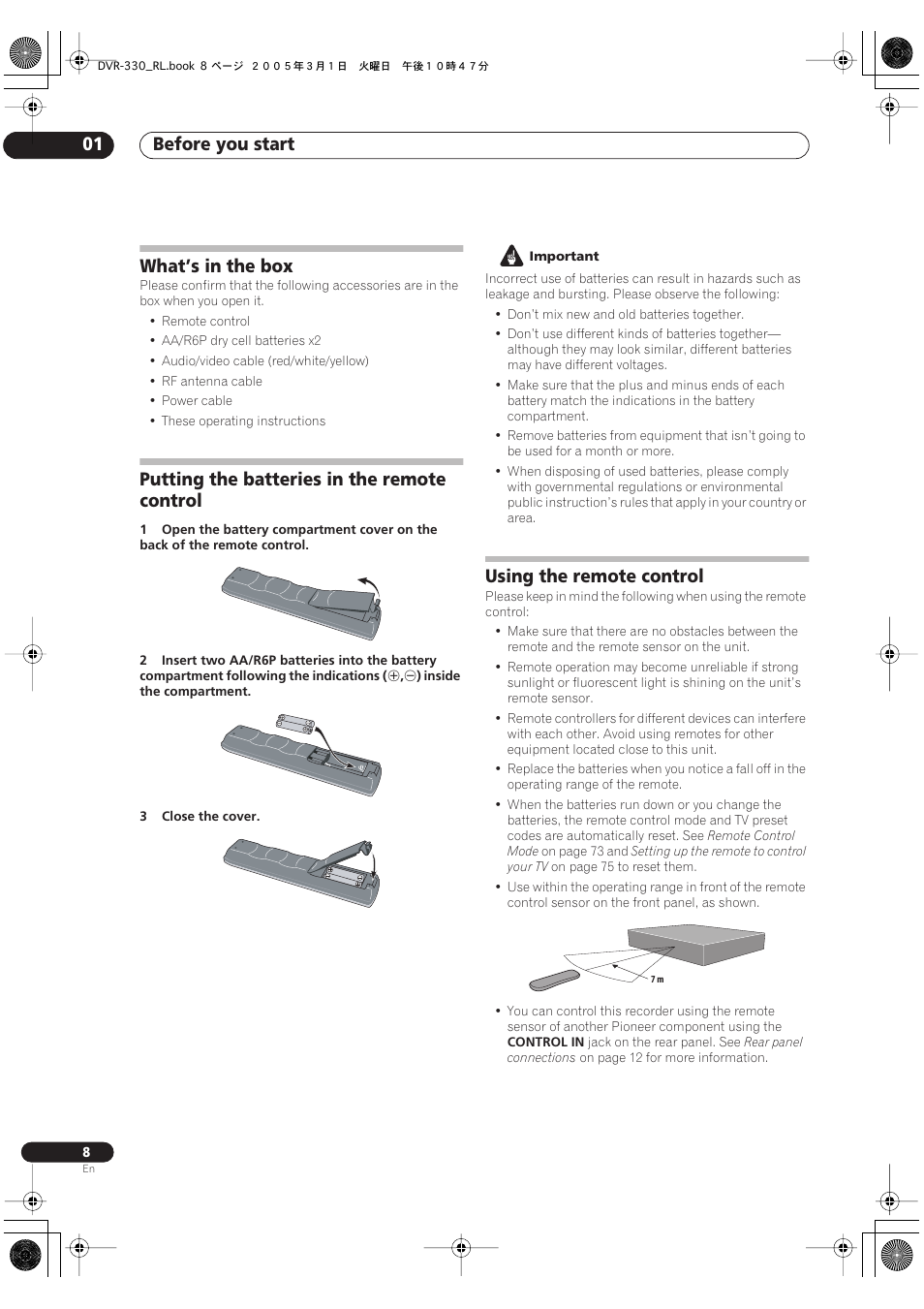 What’s in the box, Putting the batteries in the remote control, Using the remote control | Before you start 01 | Pioneer DVR-330-S User Manual | Page 8 / 92