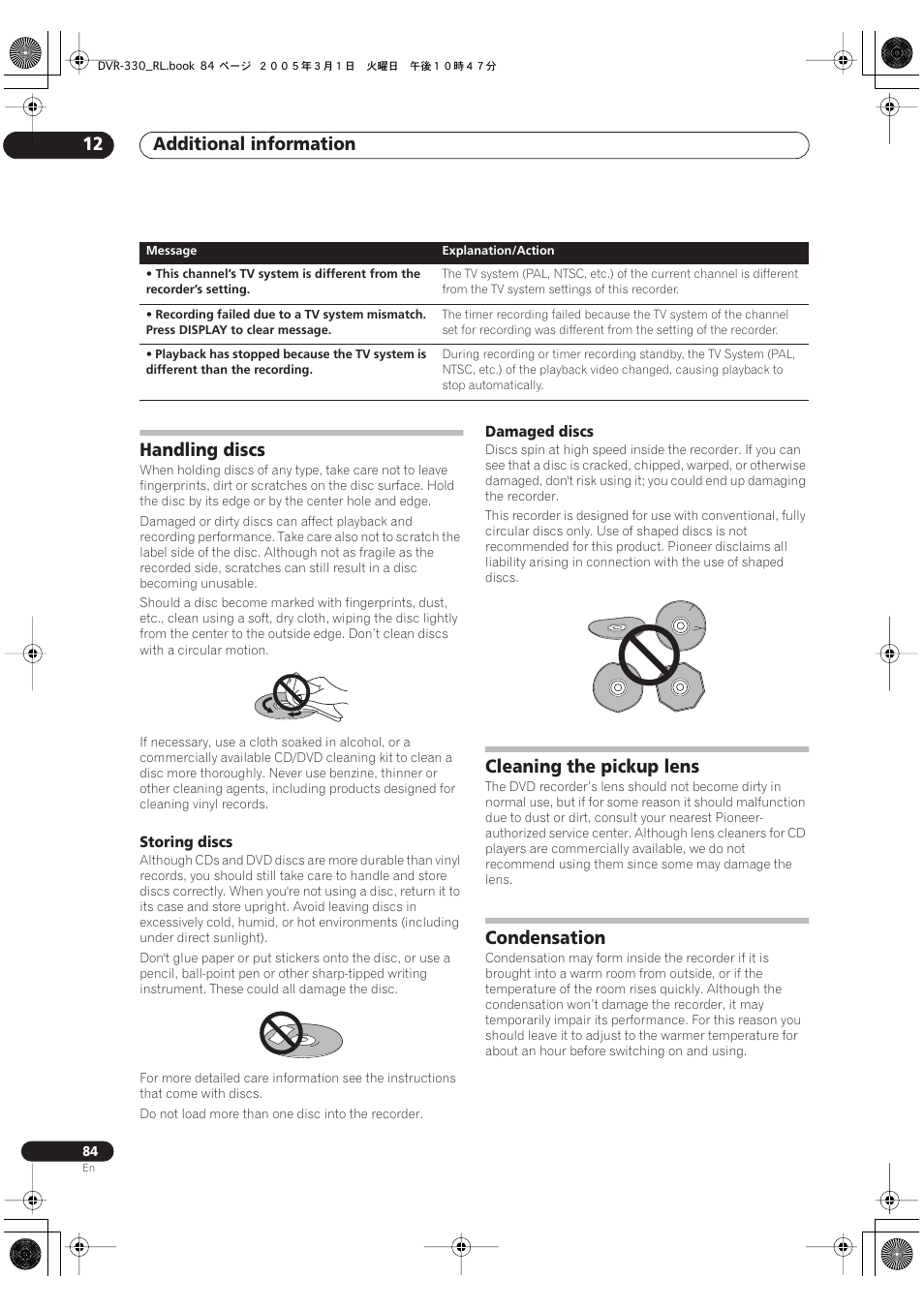 Handling discs, Cleaning the pickup lens, Condensation | Additional information 12 | Pioneer DVR-330-S User Manual | Page 84 / 92