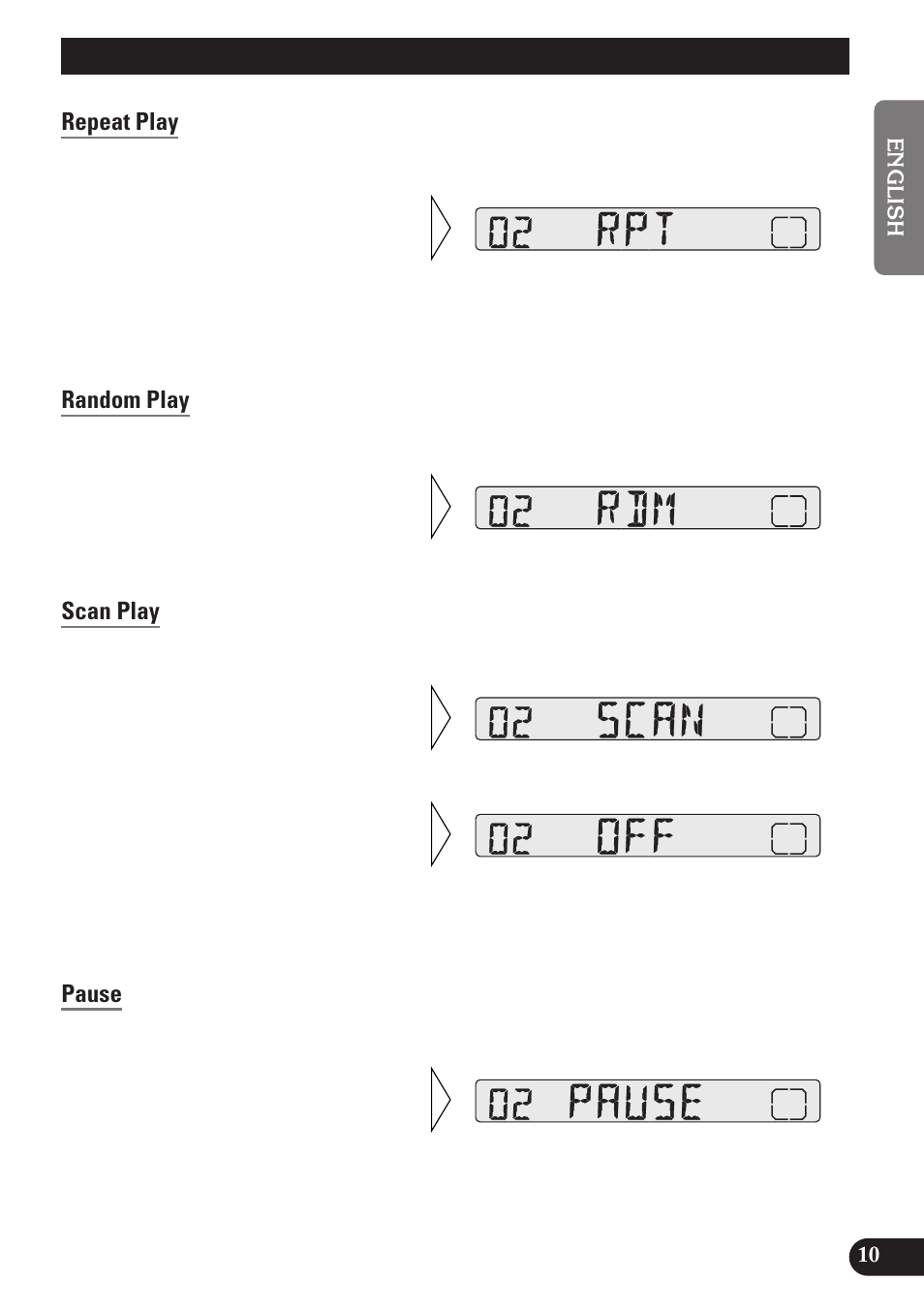 Using the built-in cd player, Repeat play, Random play | Scan play, Pause, A title (english) | Pioneer DEH-2100 User Manual | Page 11 / 56