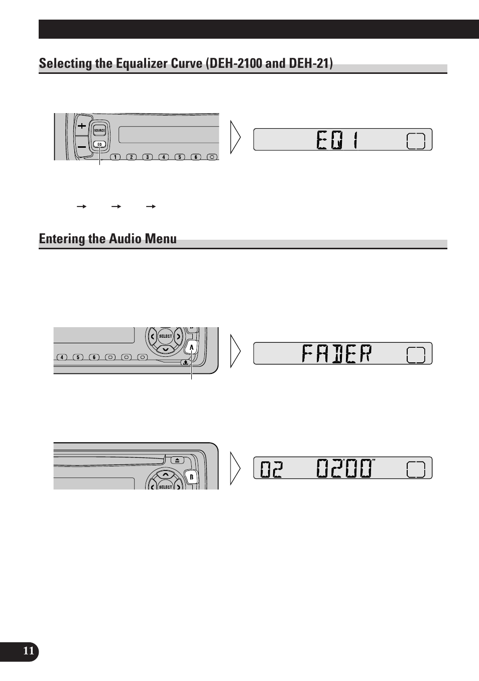 Audio adjustment, A title (english) audio adjustment, Entering the audio menu | Pioneer DEH-2100 User Manual | Page 12 / 56