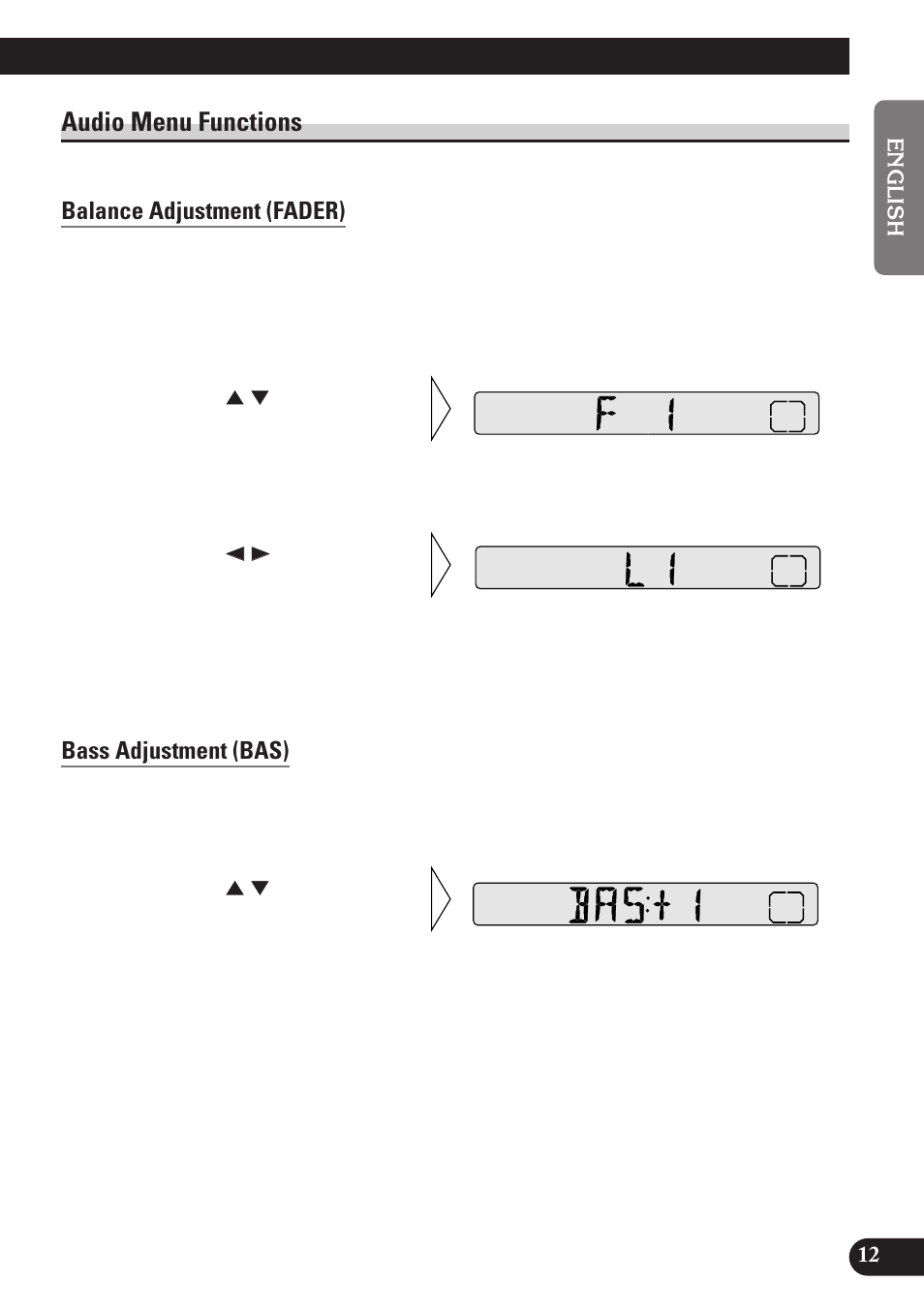 Audio menu functions, Balance adjustment (fader), Bass adjustment (bas) | Treble adjustment (tre), Loudness adjustment (loud), A title (english) | Pioneer DEH-2100 User Manual | Page 13 / 56