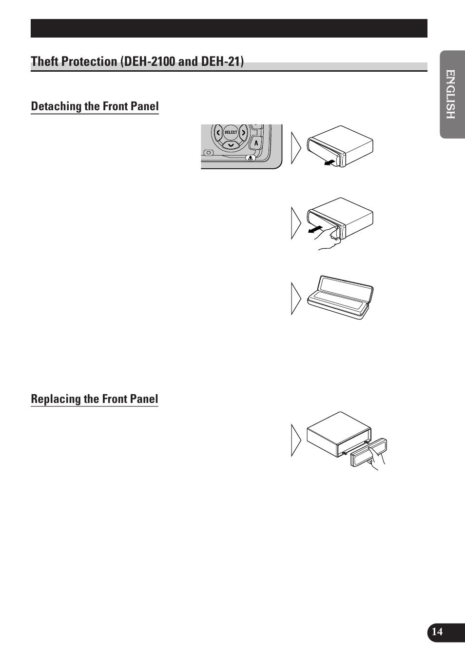 Detaching and replacing, The front panel, Theft protection | Detaching the front panel, Replacing the front panel, A title (english), Detaching and replacing the front panel | Pioneer DEH-2100 User Manual | Page 15 / 56