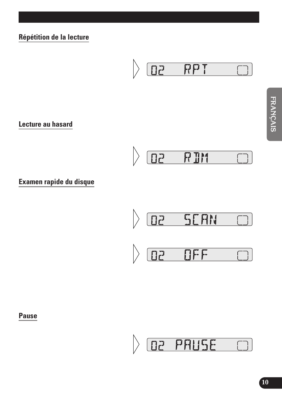 Utilisation du lecteur de cd, Intégré, Répétition de la lecture | Lecture au hasard, Examen rapide du disque, Pause, Utilisation du lecteur de cd intégré | Pioneer DEH-2100 User Manual | Page 29 / 56