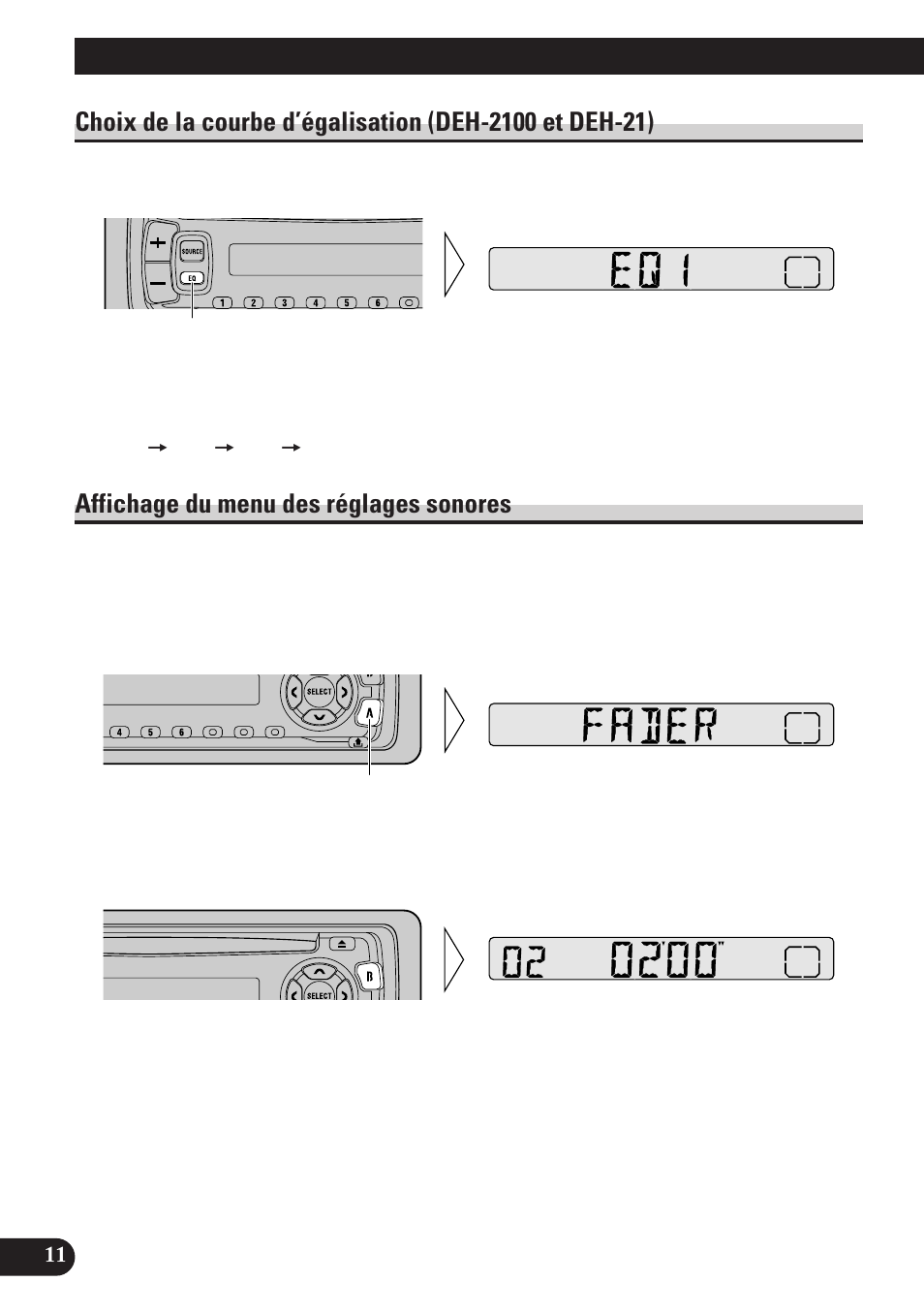 Réglages du son, Affichage du menu des réglages sonores | Pioneer DEH-2100 User Manual | Page 30 / 56