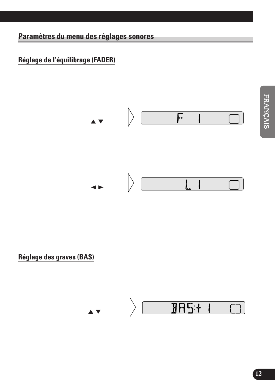 Paramètres du menu des réglages sonores, Réglage de l’équilibrage (fader), Réglage des graves (bas) | Réglage des aigus (tre) | Pioneer DEH-2100 User Manual | Page 31 / 56