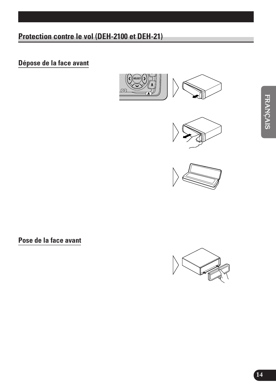 Dépose et pose de la face avant, Protection contre le vol, Dépose de la face avant | Pose de la face avant | Pioneer DEH-2100 User Manual | Page 33 / 56