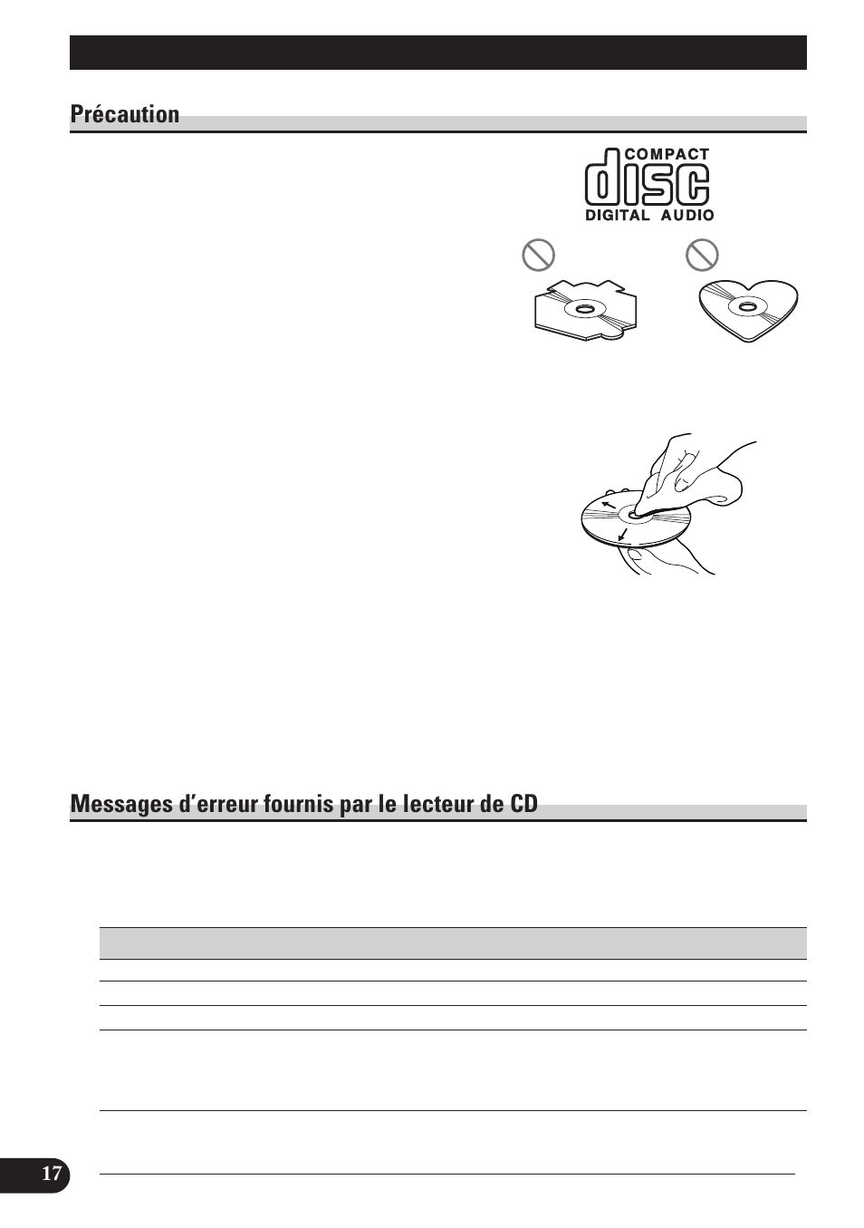Soins à apporter au lecteur de cd, De cd, Précaution | Messages d’erreur fournis par le lecteur de cd | Pioneer DEH-2100 User Manual | Page 36 / 56