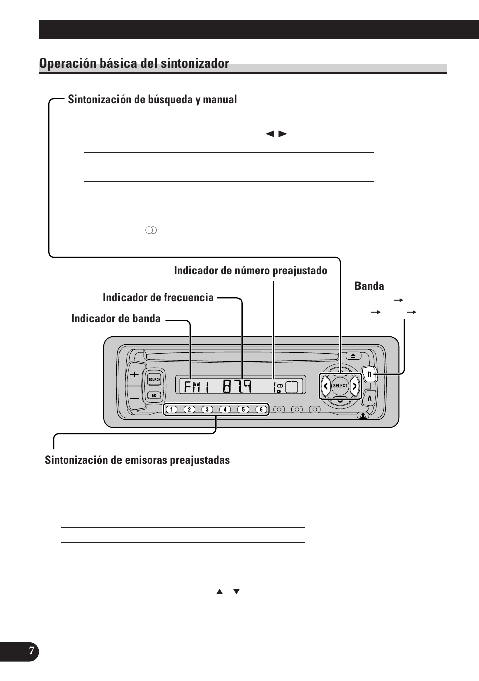 Operación básica del sintonizador, Sintonización de búsqueda y manual, Banda | Sintonización de emisoras preajustadas, Operación básica | Pioneer DEH-2100 User Manual | Page 44 / 56