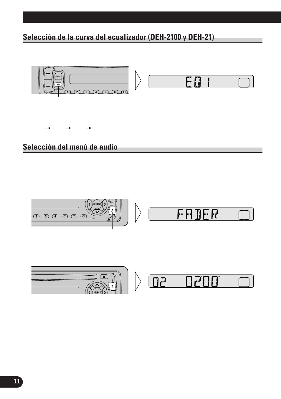 Ajuste de audio, Selección del menú de audio | Pioneer DEH-2100 User Manual | Page 48 / 56