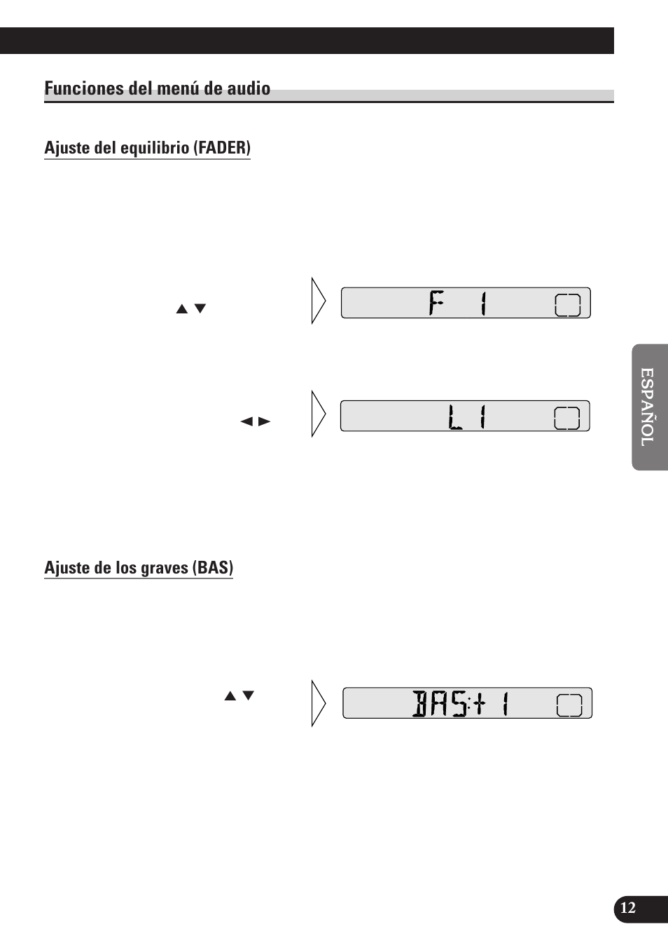 Funciones del menú de audio, Ajuste del equilibrio (fader), Ajuste de los graves (bas) | Ajuste de los agudos (tre), Ajuste de sonoridad (loud) | Pioneer DEH-2100 User Manual | Page 49 / 56