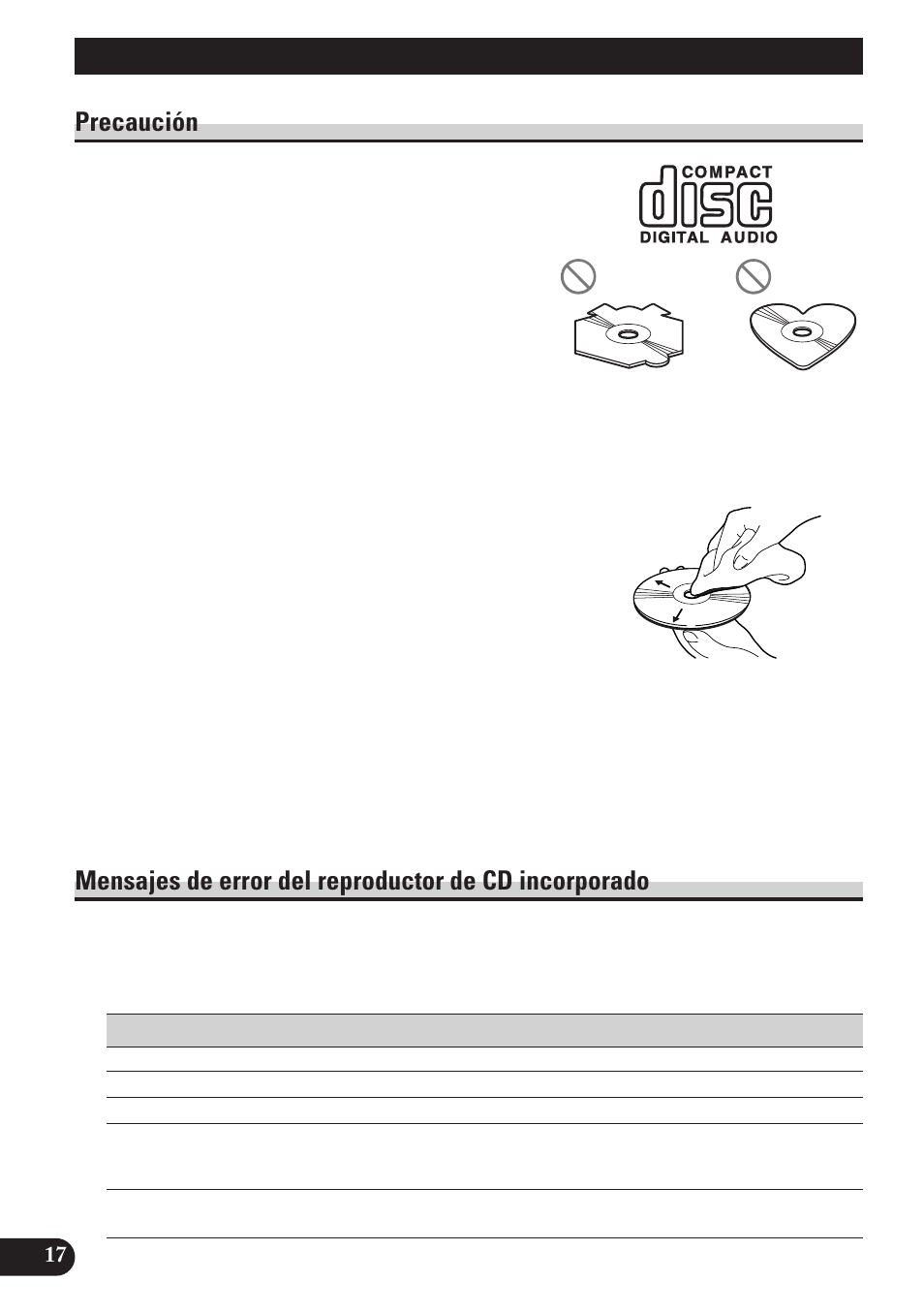 Reproductor de cd y cuidado, Precaución mensajes de error del reproductor de cd, Incorporado | Precaución | Pioneer DEH-2100 User Manual | Page 54 / 56