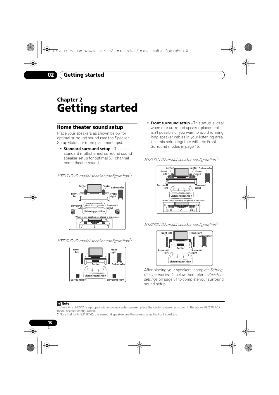 Home theater sound setup, Getting started, Getting started 02 | Chapter 2, Htz171dvd model speaker configuration, Htz270dvd model speaker configuration | Pioneer HTZ272DVD User Manual | Page 10 / 102