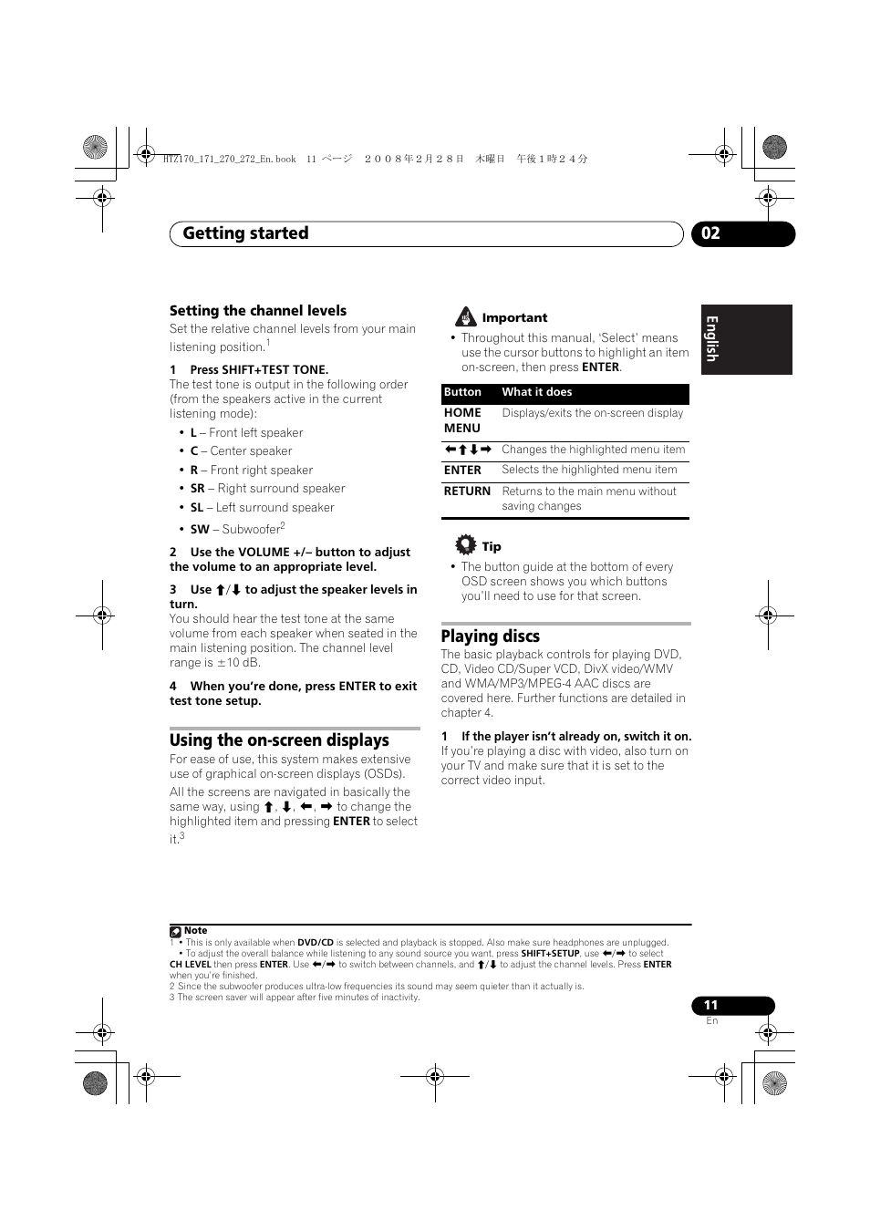 Setting the channel levels, Using the on-screen displays, Playing discs | Getting started 02 | Pioneer HTZ272DVD User Manual | Page 11 / 102