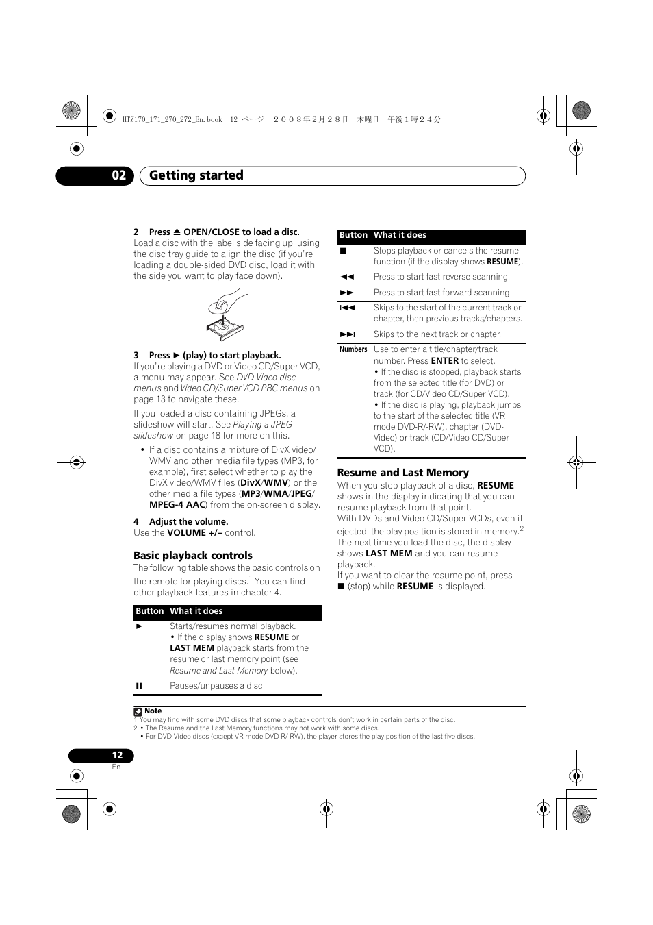 Basic playback controls, Resume and last memory, Getting started 02 | Pioneer HTZ272DVD User Manual | Page 12 / 102