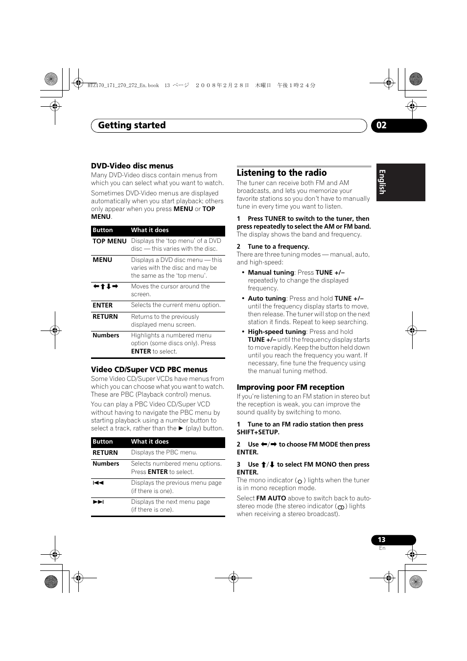 Dvd-video disc menus, Video cd/super vcd pbc menus, Listening to the radio | Improving poor fm reception, Getting started 02 | Pioneer HTZ272DVD User Manual | Page 13 / 102
