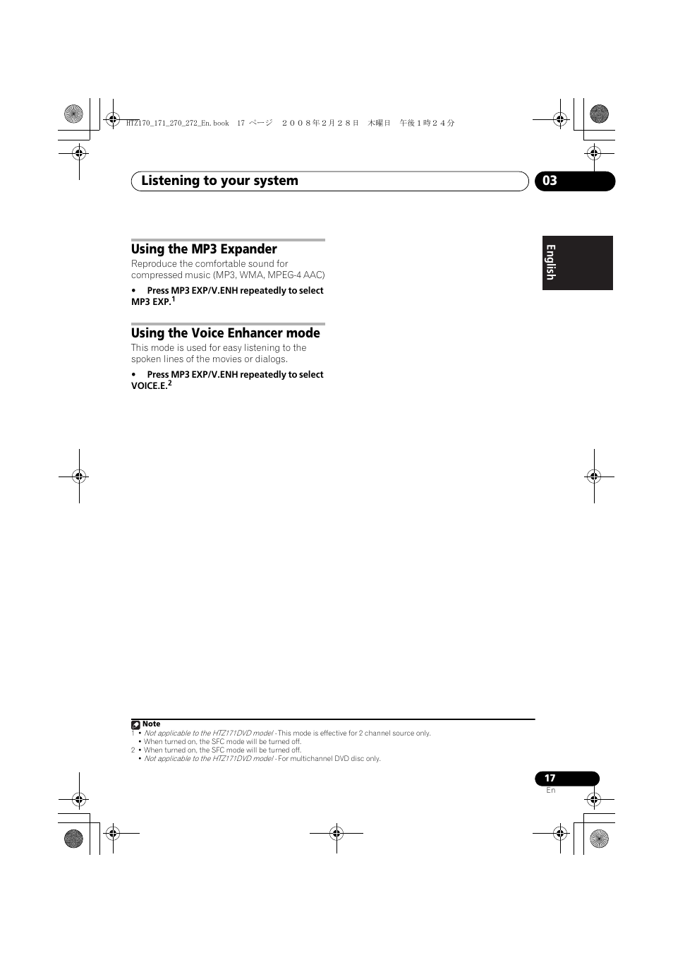 Using the mp3 expander, Using the voice enhancer mode, Listening to your system 03 | Pioneer HTZ272DVD User Manual | Page 17 / 102