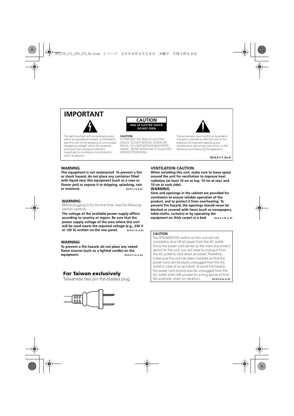 Important, For taiwan exclusively, Caution | Taiwanese two pin flat-bladed plug | Pioneer HTZ272DVD User Manual | Page 2 / 102