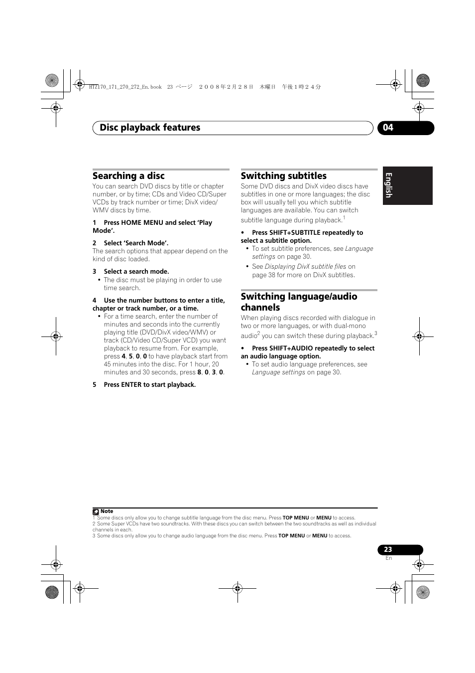 Searching a disc, Switching subtitles, Switching language/audio channels | Disc playback features 04 | Pioneer HTZ272DVD User Manual | Page 23 / 102