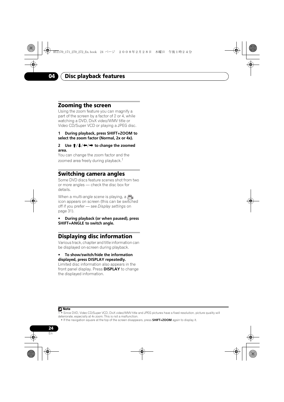 Zooming the screen, Switching camera angles, Displaying disc information | Disc playback features 04 | Pioneer HTZ272DVD User Manual | Page 24 / 102