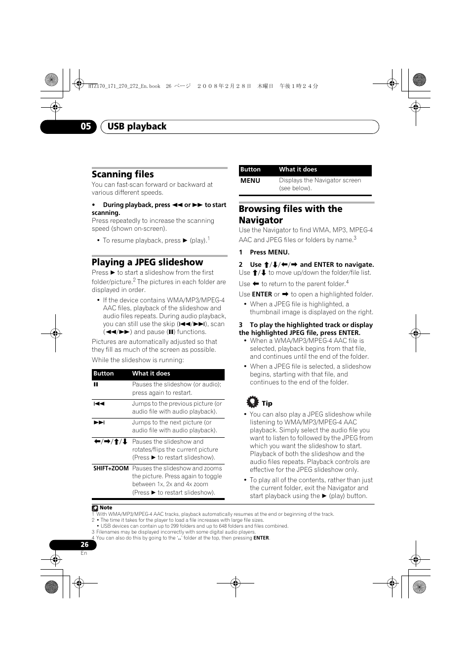 Scanning files, Playing a jpeg slideshow, Browsing files with the navigator | Usb playback 05 | Pioneer HTZ272DVD User Manual | Page 26 / 102