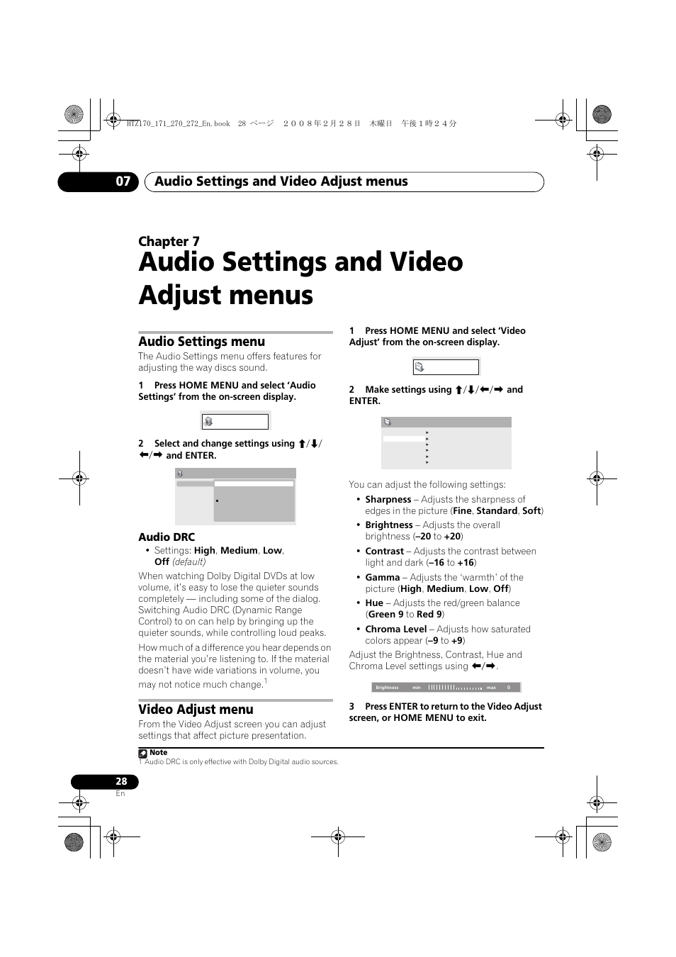Audio settings menu, Audio drc, Video adjust menu | Audio settings and video adjust menus, Audio settings and video adjust menus 07, Chapter 7 | Pioneer HTZ272DVD User Manual | Page 28 / 102