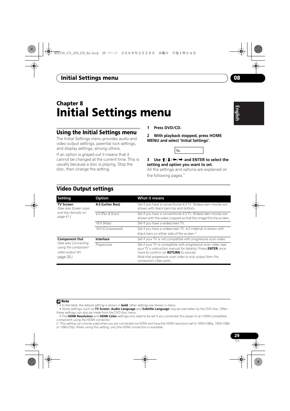 Using the initial settings menu, Video output settings, Initial settings menu | Initial settings menu 08, Chapter 8 | Pioneer HTZ272DVD User Manual | Page 29 / 102