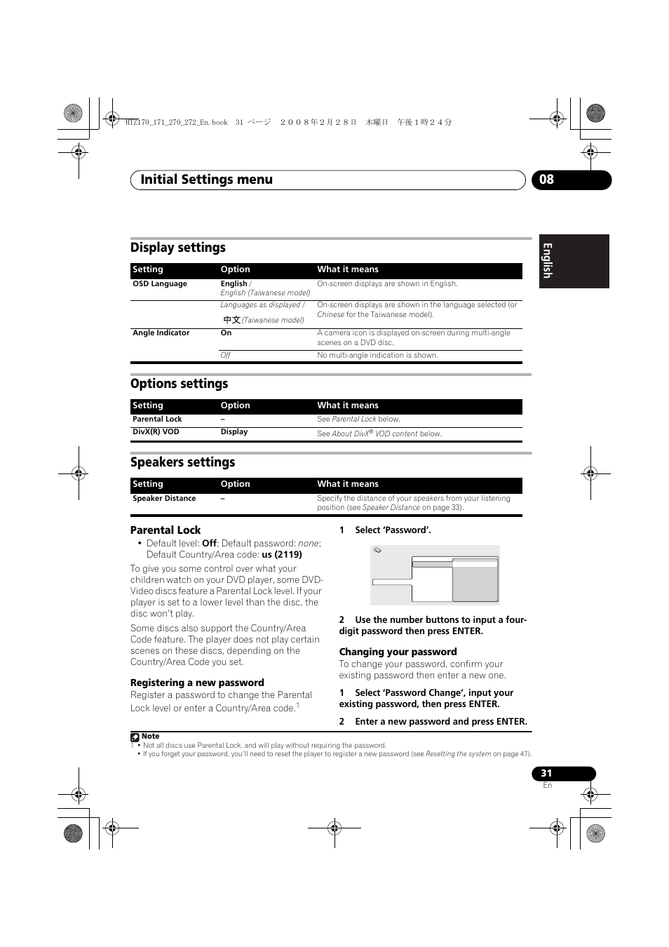Display settings, Options settings, Speakers settings | Parental lock, Initial settings menu 08 | Pioneer HTZ272DVD User Manual | Page 31 / 102